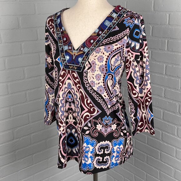 Melissa Paige Top Women Small Blue Pink Floral Paisley Embroidery Boho Medallion - Picture 1 of 11